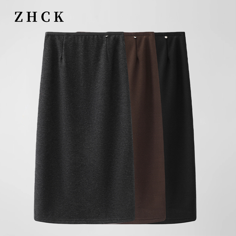 ZHCK时尚气质百搭高腰半身裙2025新款简约百搭直筒松紧腰毛呢半裙
