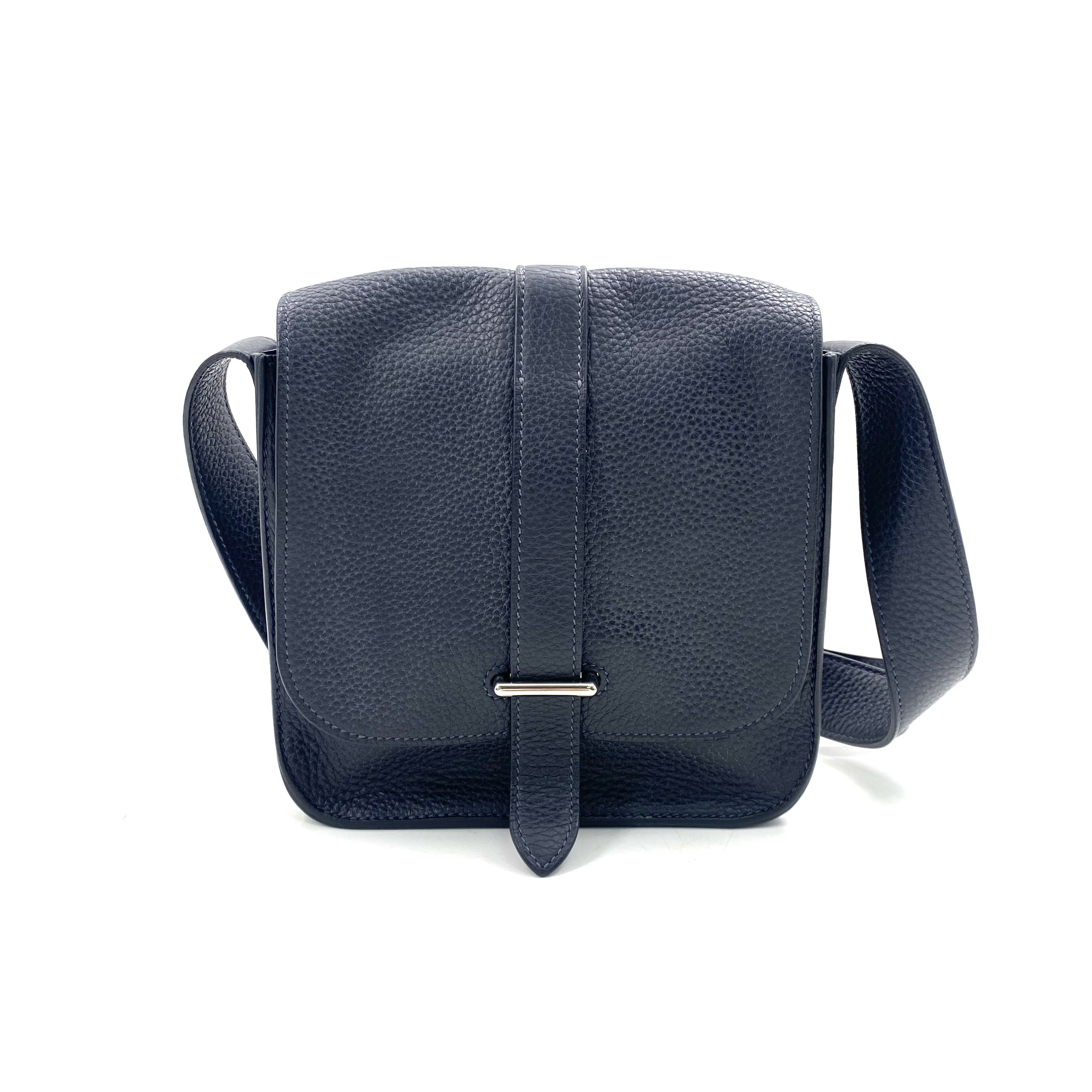 99新 Hermes/爱马仕 黑青色全皮小号邮差包 尺寸20/18 框N