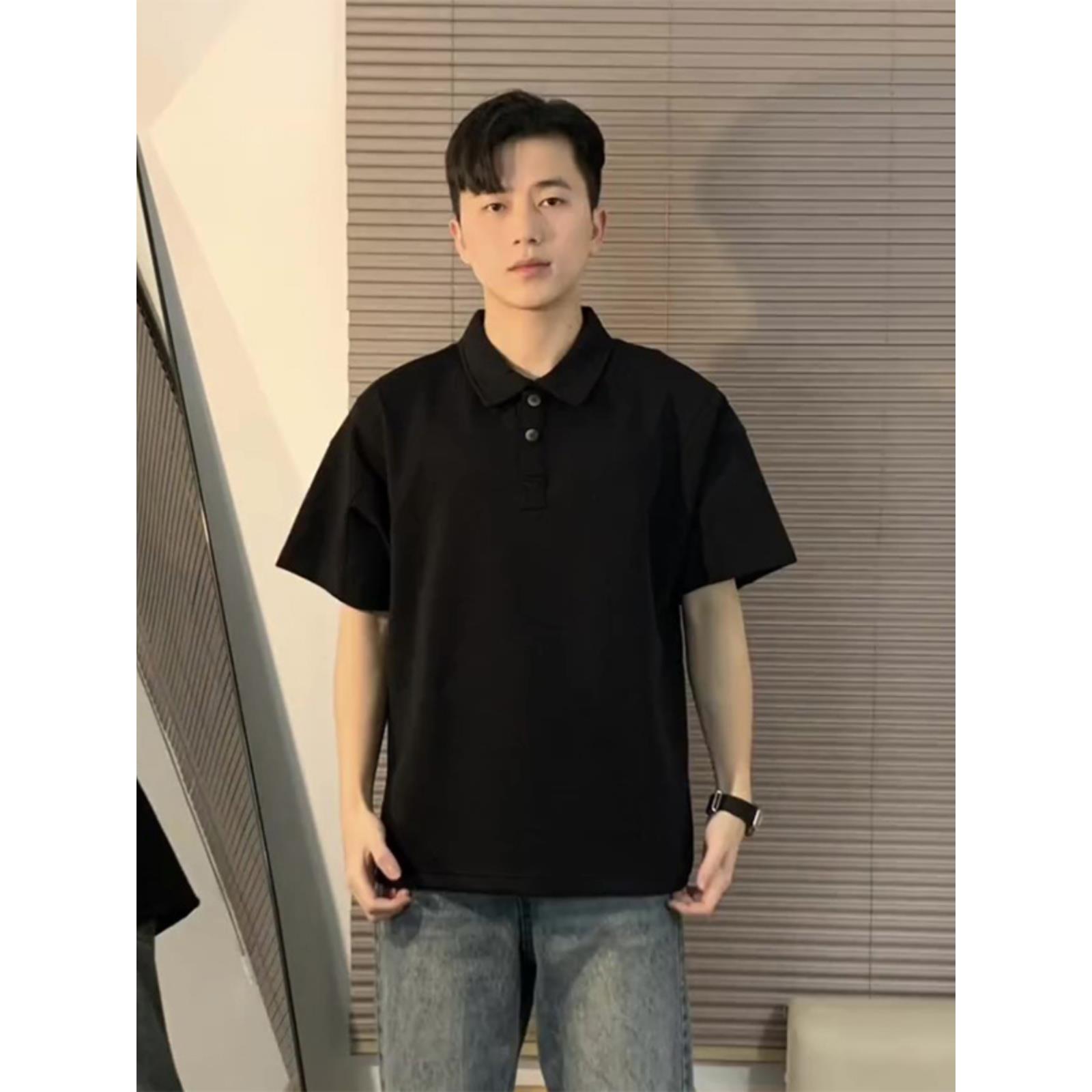 黑色短袖男polo衫痞帅夏季潮男正肩衬衫领t恤美式重磅宽松五分袖