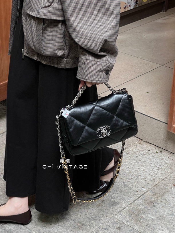 99新 Chanel/香奈儿 6030 黑银19bag斜挎包小号芯片款