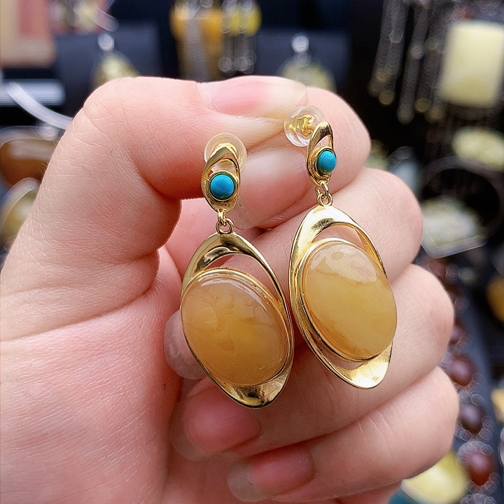 琥珀裸石银S925镶嵌耳坠