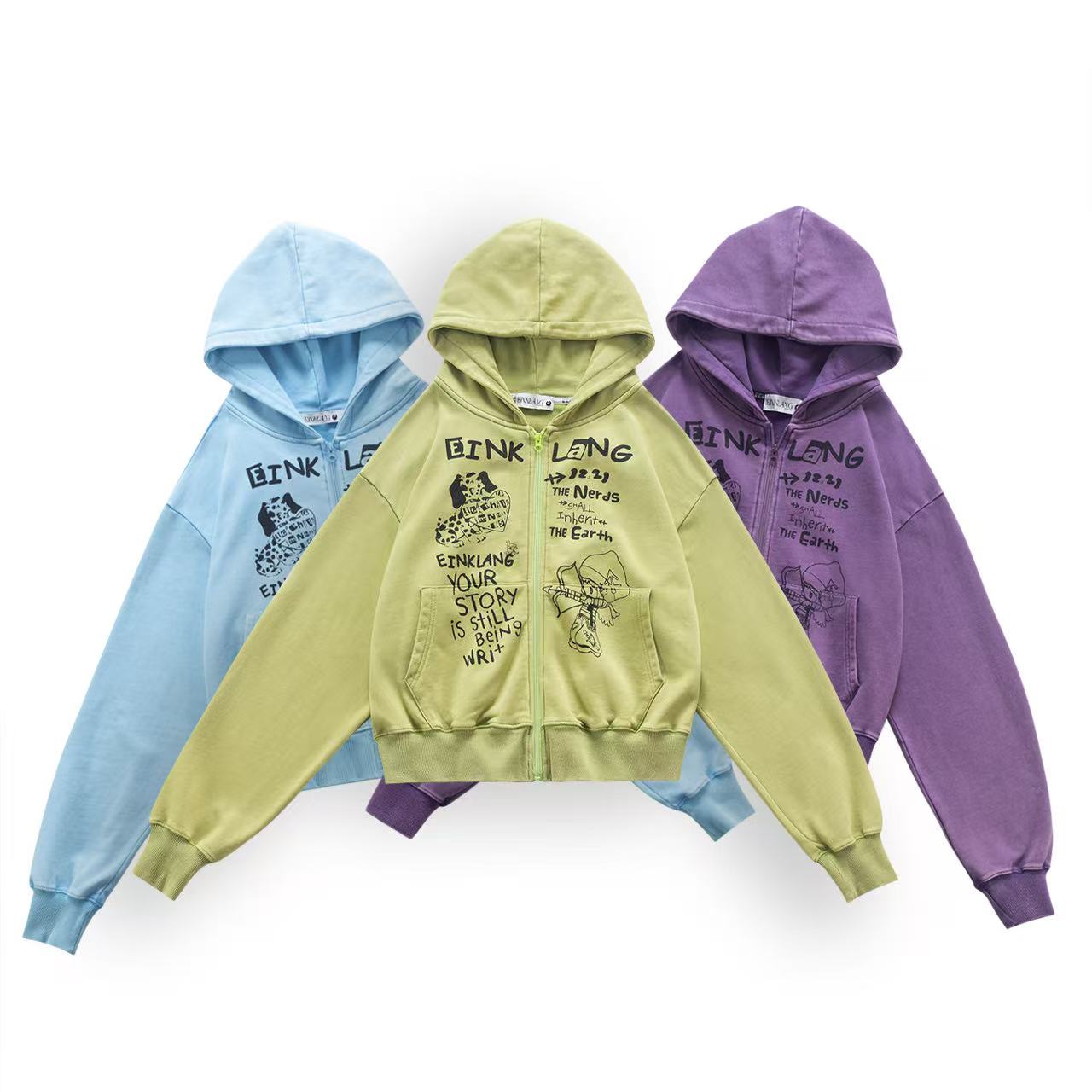 壹三三 短款连帽卫衣洗水做旧趣味美式复古宽松长袖外套休闲男女