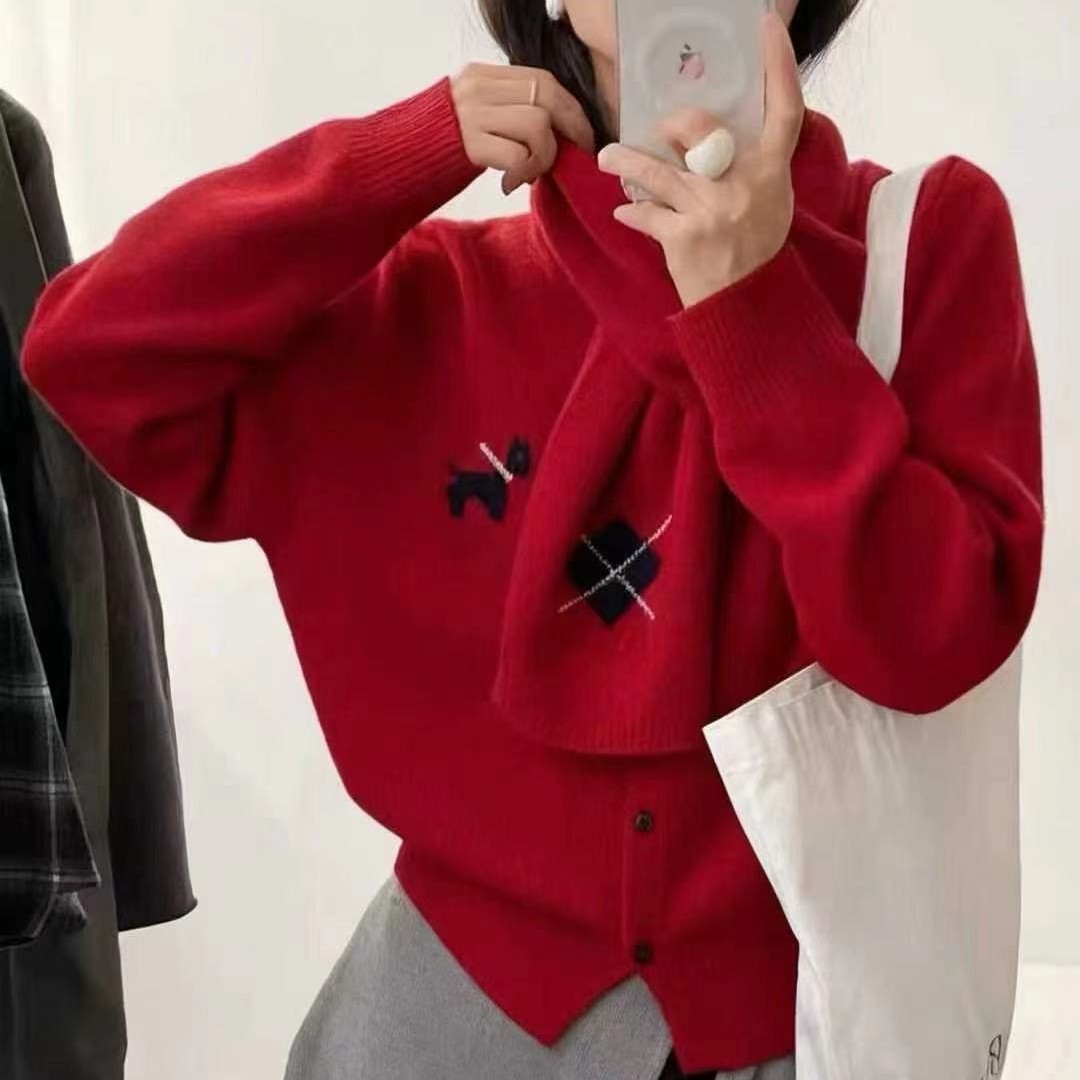 2087意凡秋冬新款重工带围巾小香风宽松慵懒风针织开衫