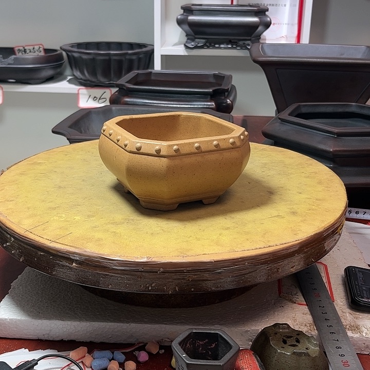 紫砂花盆小***景柴烧鼓钉小切角