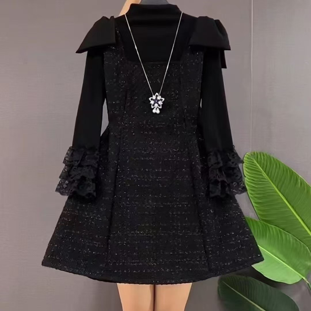 加肥高领长袖打底衫蝴蝶结肩小香风马甲裙胖妹妹秋冬款显瘦两件套