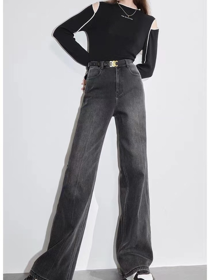 秋冬加绒高腰牛仔休闲裤阔腿裤