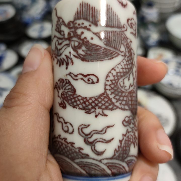 瓷片哈**币青花釉里红龙鼻烟壶