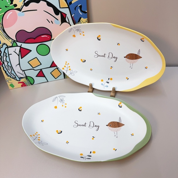 鸟语花香漂亮高颜值釉下彩14英寸陶瓷卡通鱼盘菜盘餐具家用盘子