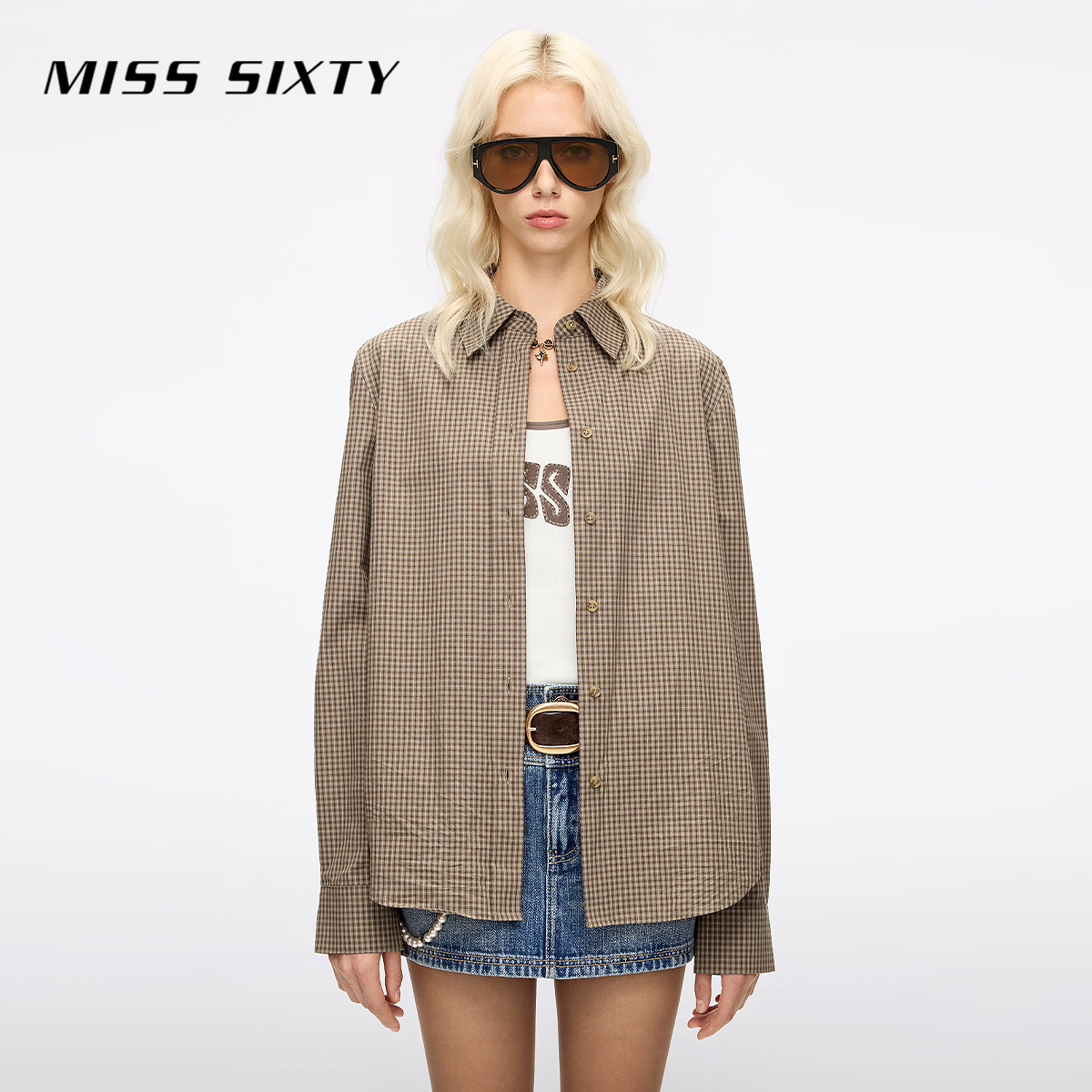 Miss Sixty2025秋季新款长袖衬衫女复古格子外搭棉质上衣中长薄款