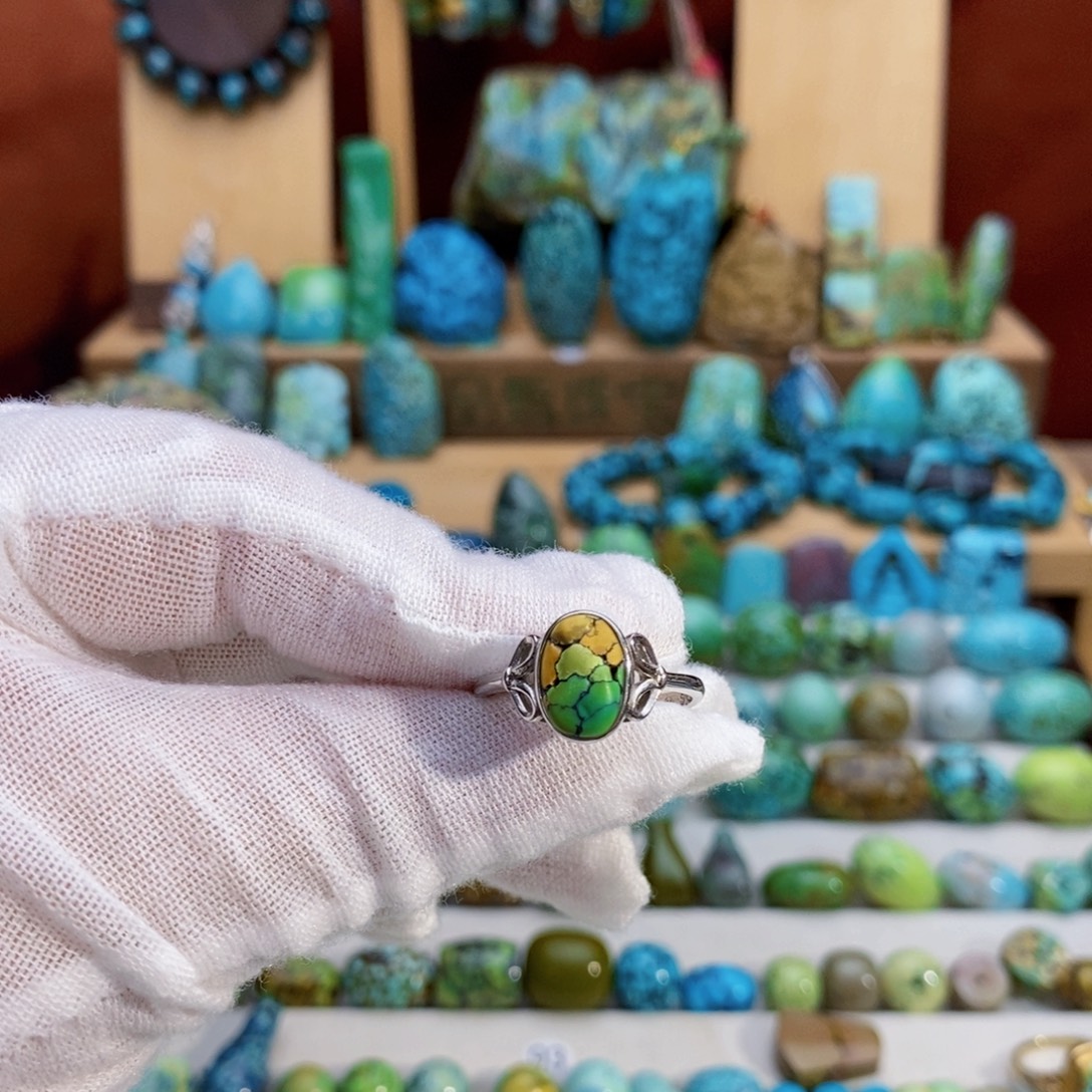 定制绿松石唐三彩银戒