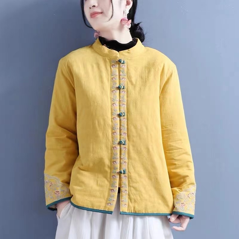 中国风刺绣棉麻棉衣女冬季宽松复古中式盘扣汉服夹棉棉袄棉服外套