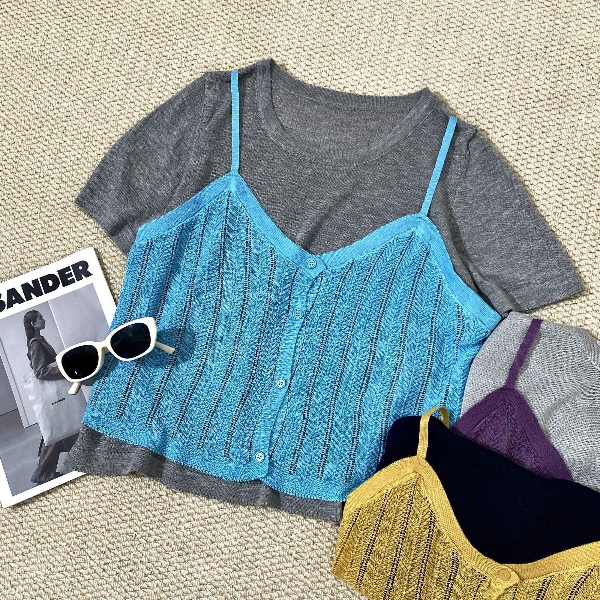 小韩日记【半亩花田】假两件针织衫时尚百搭夏季拼接撞色休闲362