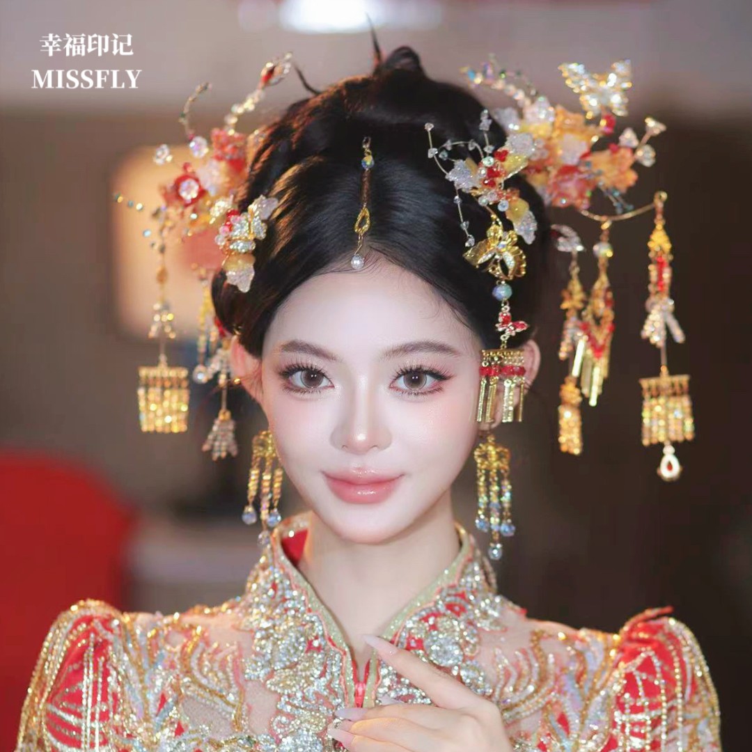 新中式新娘花朵头饰金红色秀禾旗袍汉服龙凤褂晨袍发饰减龄高级
