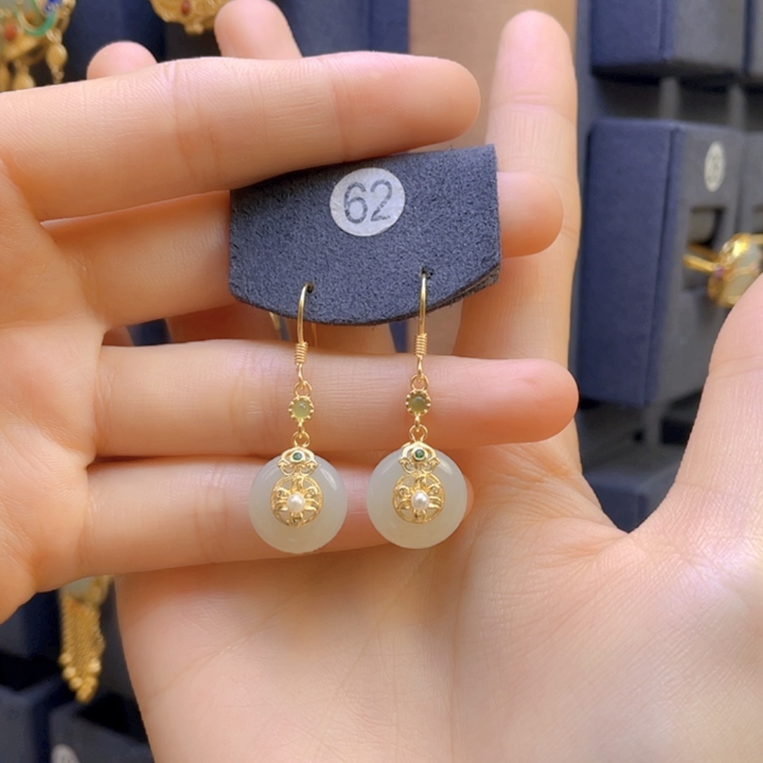 和田玉耳饰银S925镀金镶嵌