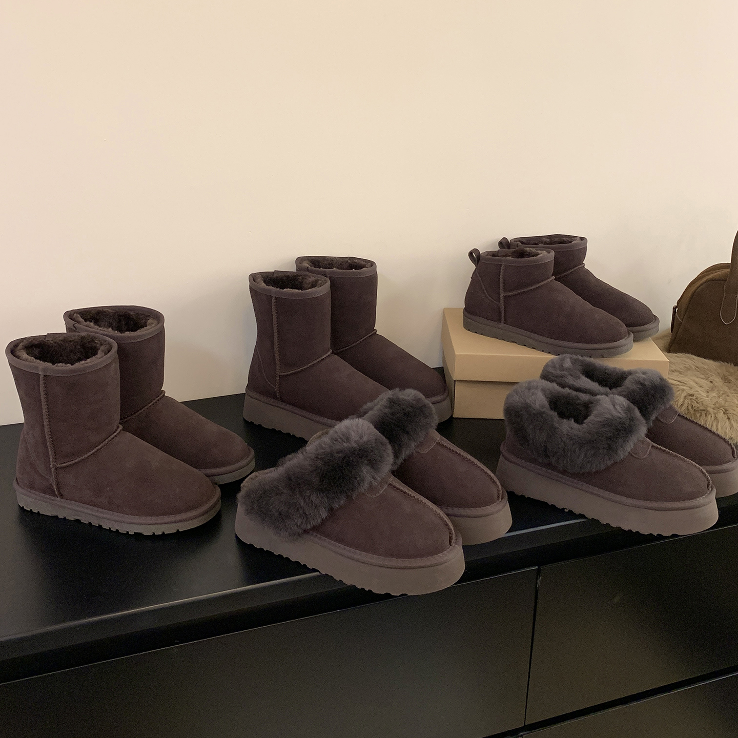 真皮咖啡色厚底雪地靴女2025新款冬增高中筒短靴毛毛拖鞋加绒棉鞋