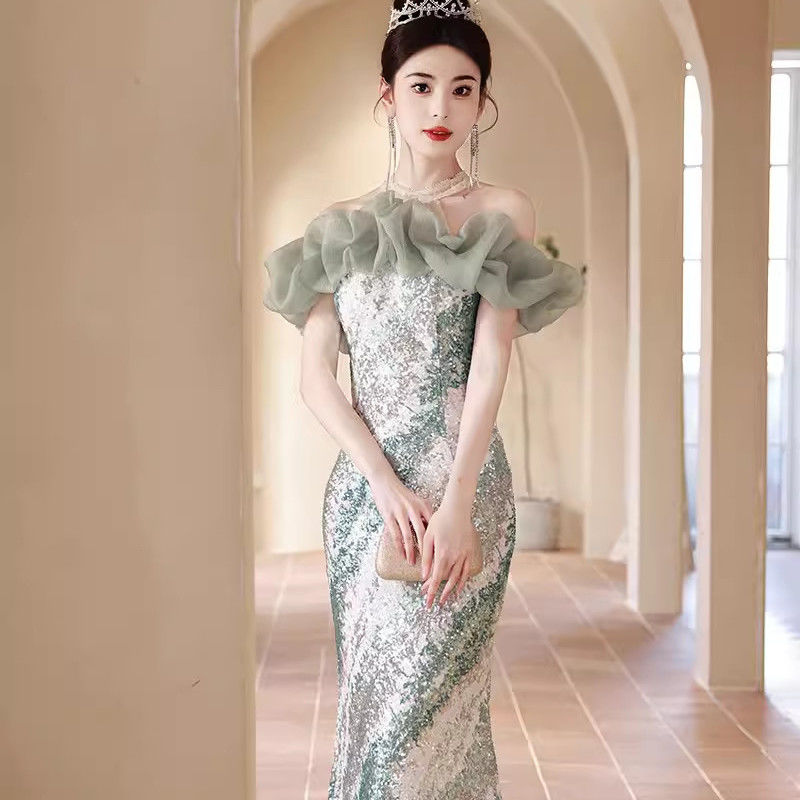 法式高端鱼尾裙名媛宴会气质晚礼服裙女亮片高级感年会性感主持人