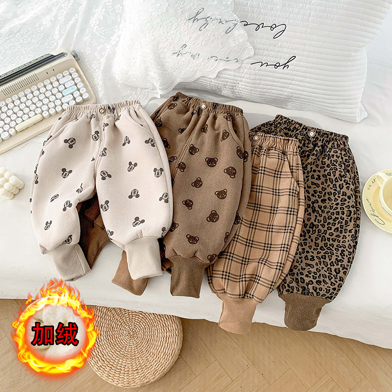 儿童裤子加绒男童裤子加绒加厚休闲小童外穿保暖休闲裤松紧带冬季