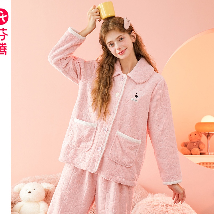 芬腾冬季加厚睡衣199三层夹棉保暖细绒甜美可外穿时尚格子家居服