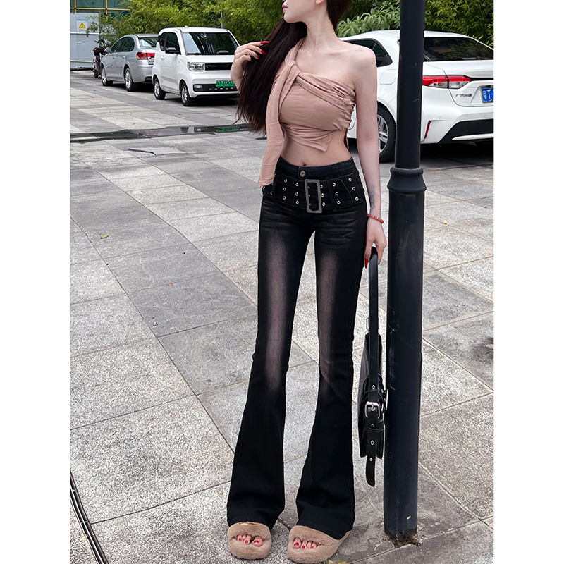 黑色渐变微喇牛仔裤女2025秋季新款高腰百搭设计感腰带修身长裤