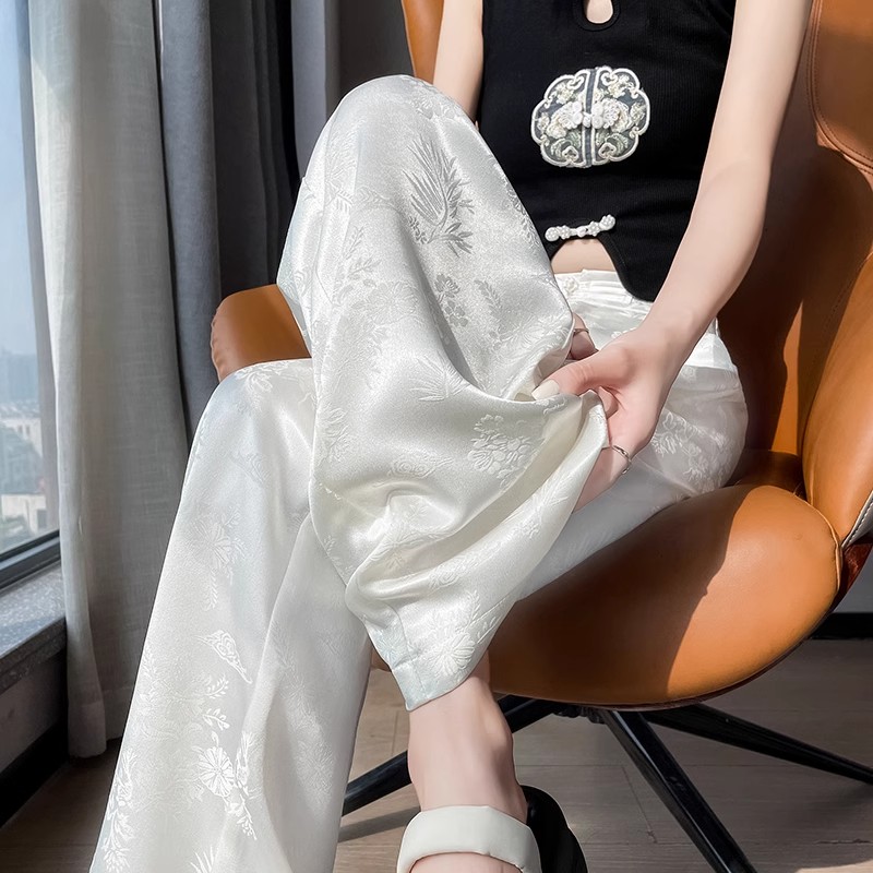 窄版冰丝阔腿裤女夏季薄款2025新款垂感直筒新中式轻国风白色裤子