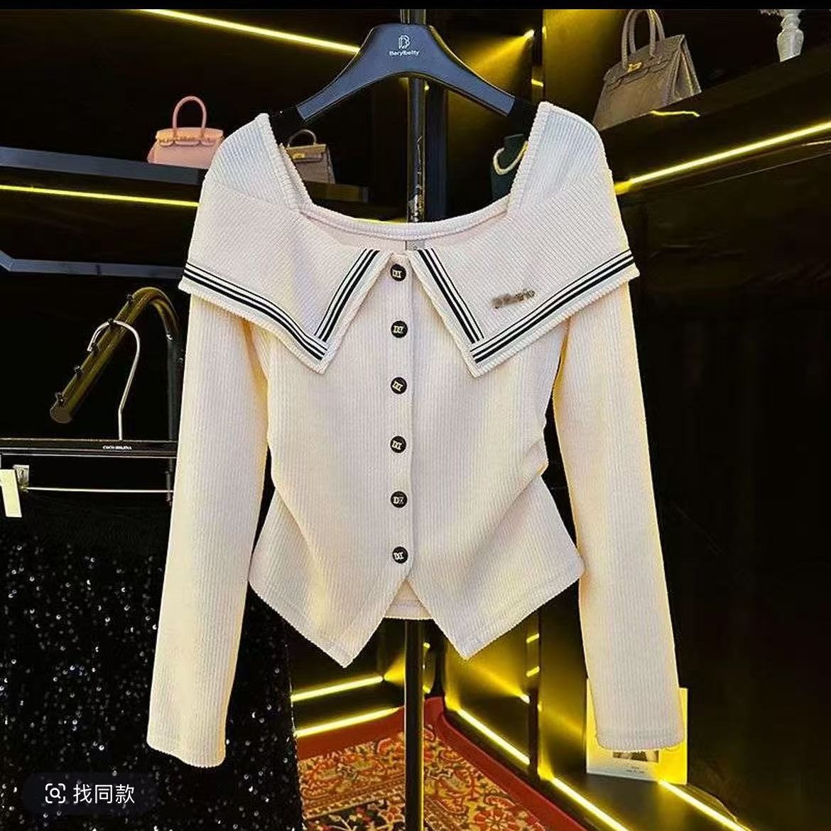 法式海军领拼接撞色针织衫女显瘦内搭打底上衣