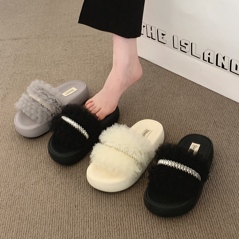 2025夏季薄纱透气轻便软底休闲新款厚底一字拖仙女风蕾丝网纱凉拖