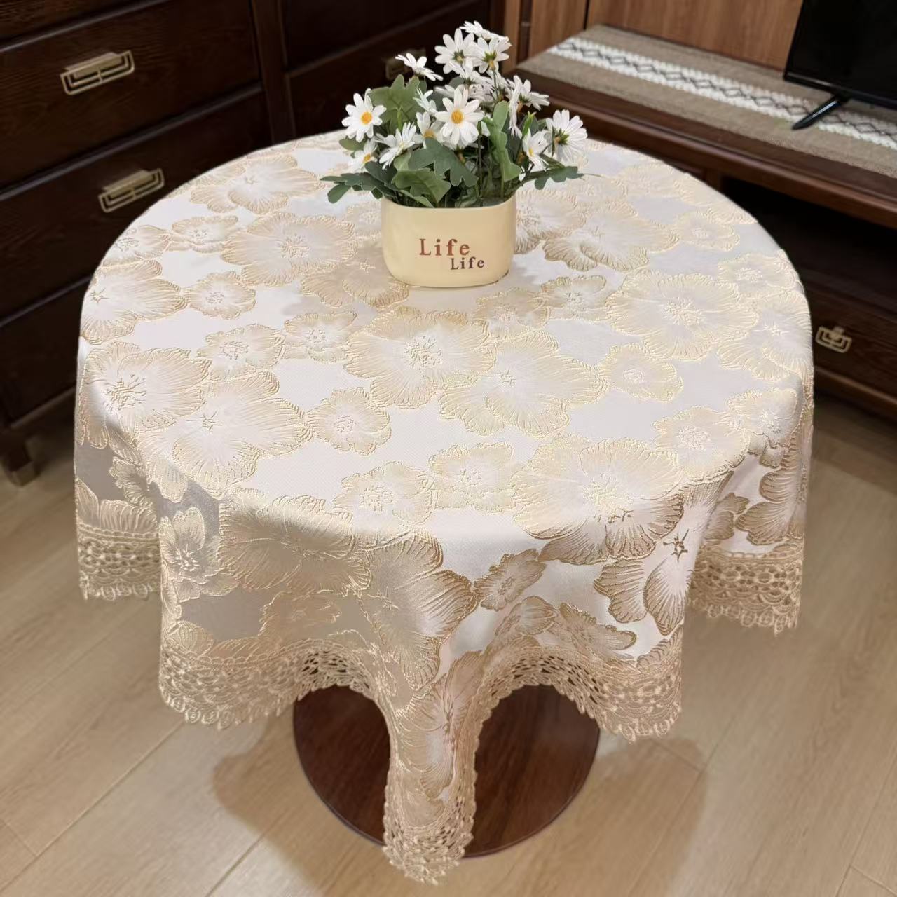 R08 浮雕大花香槟色 (180cm圆）大方桌，大圆桌，餐桌布盖巾
