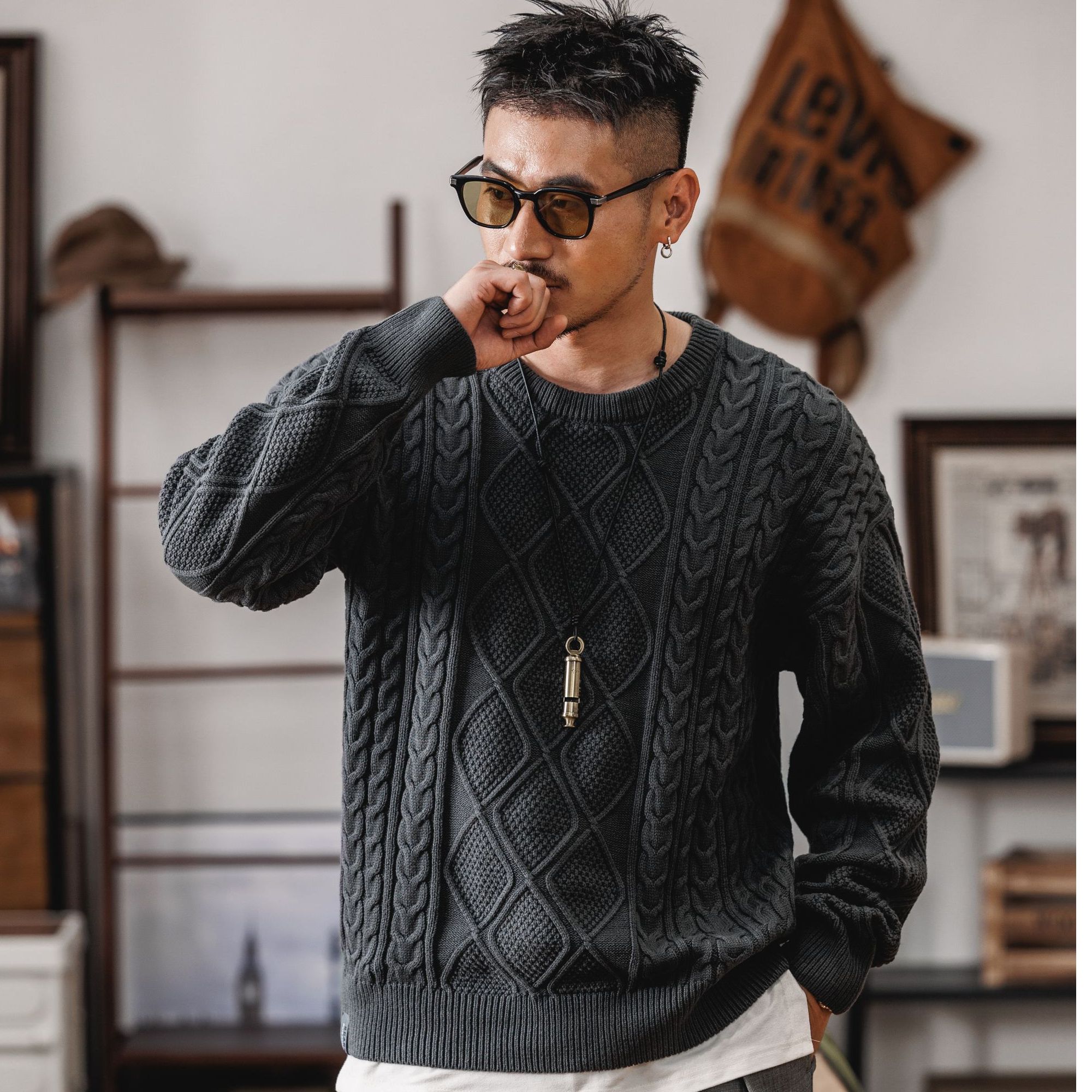 美式男款针织打底衫毛衣潮流圆领针织衫大码打底衫