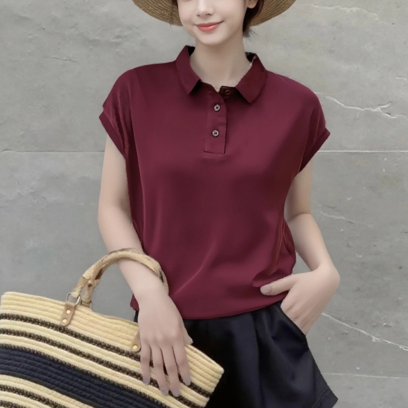 夏季妈妈装时尚洋气百搭宽松polo领简约休闲女装纯色上衣显瘦气质