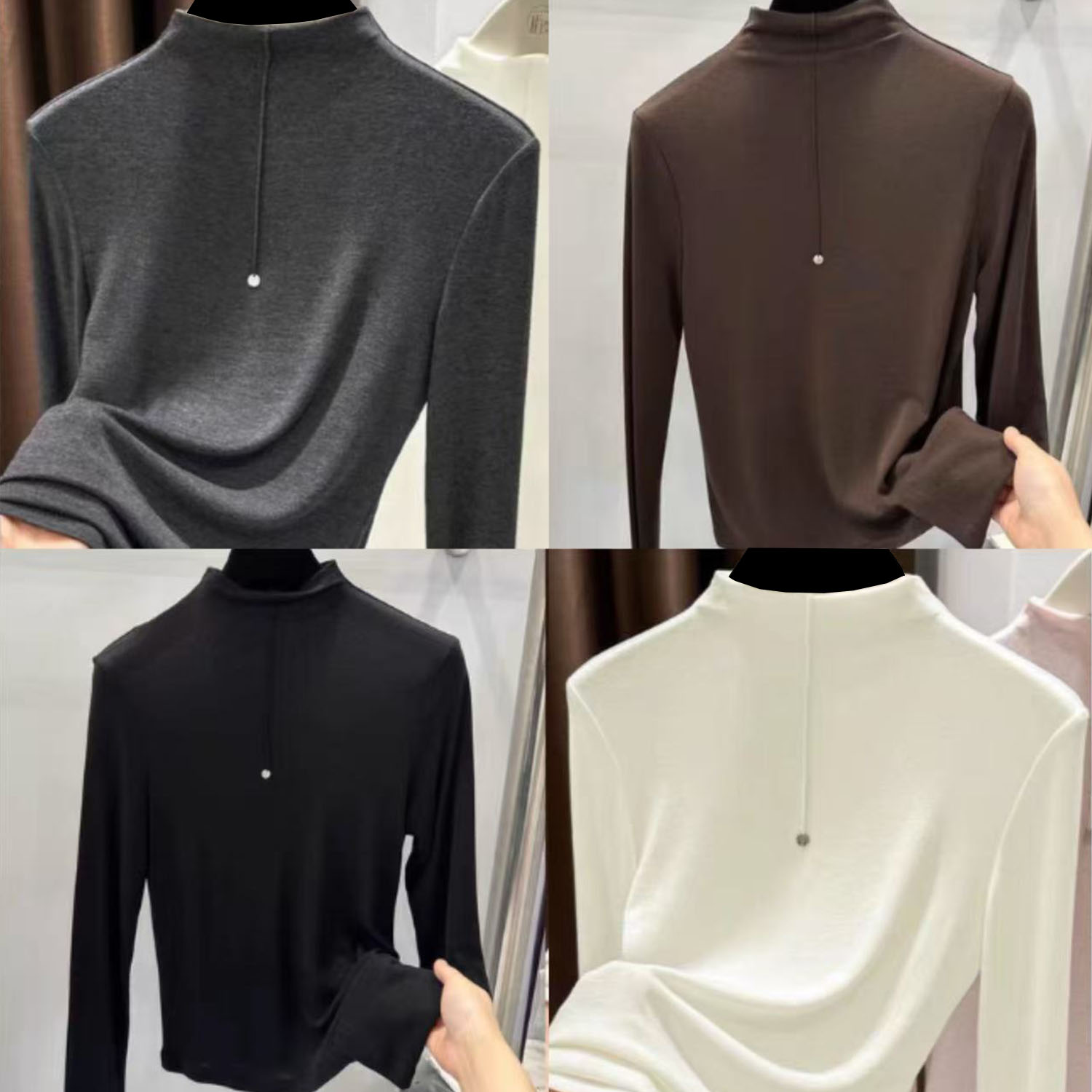 范特依--【粉丝打底衫】女士轻奢优雅气质半高领打底衫7673