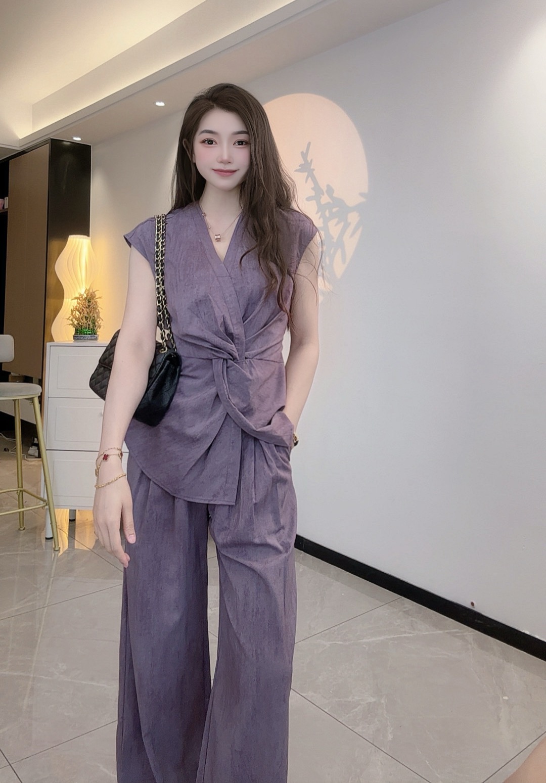 气质时尚休闲设计师女装显瘦百搭宽松扭结上衣加阔腿裤套装6683