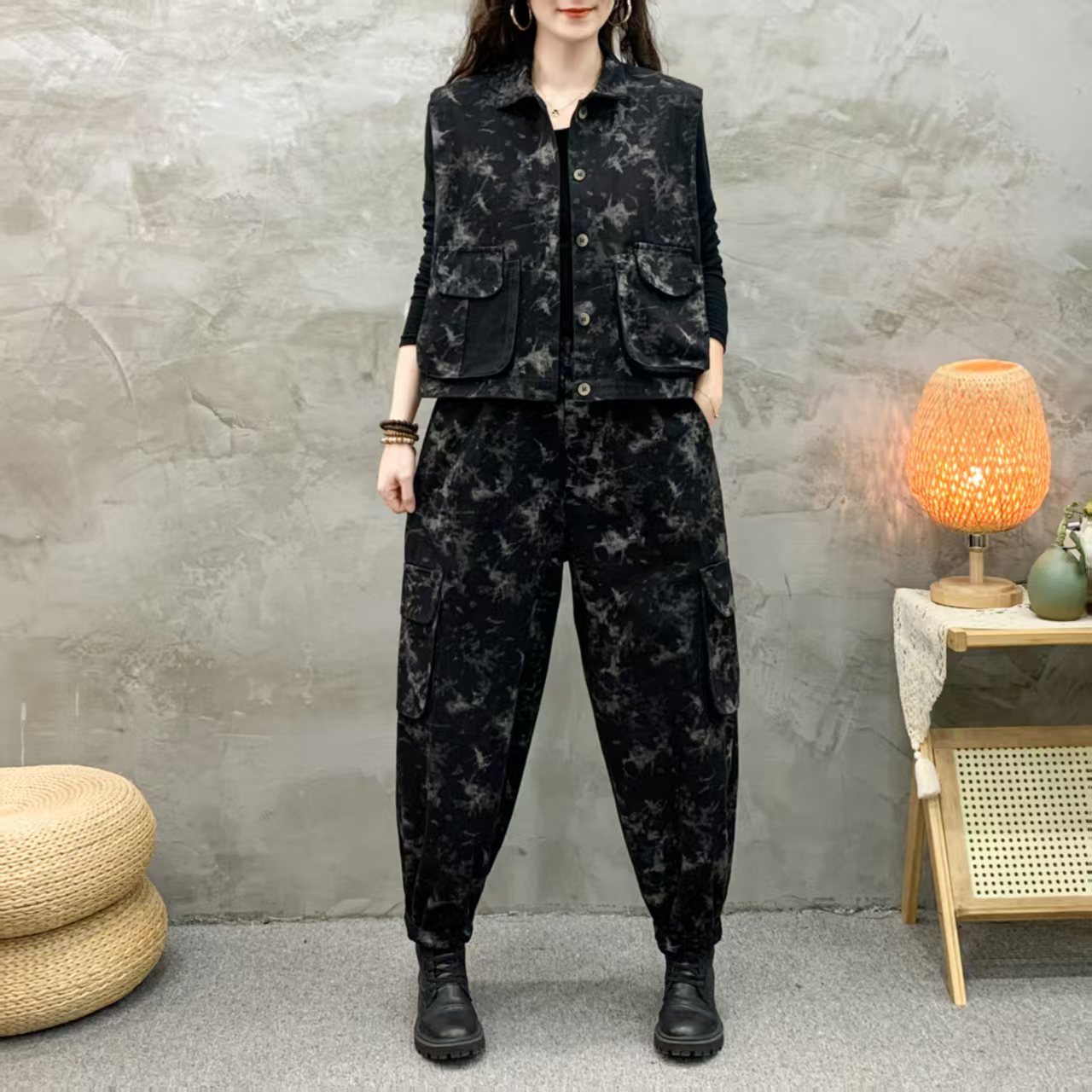 春秋新款马甲豹纹套装宽松马夹哈伦裤休闲时尚减龄妈妈女装两件套