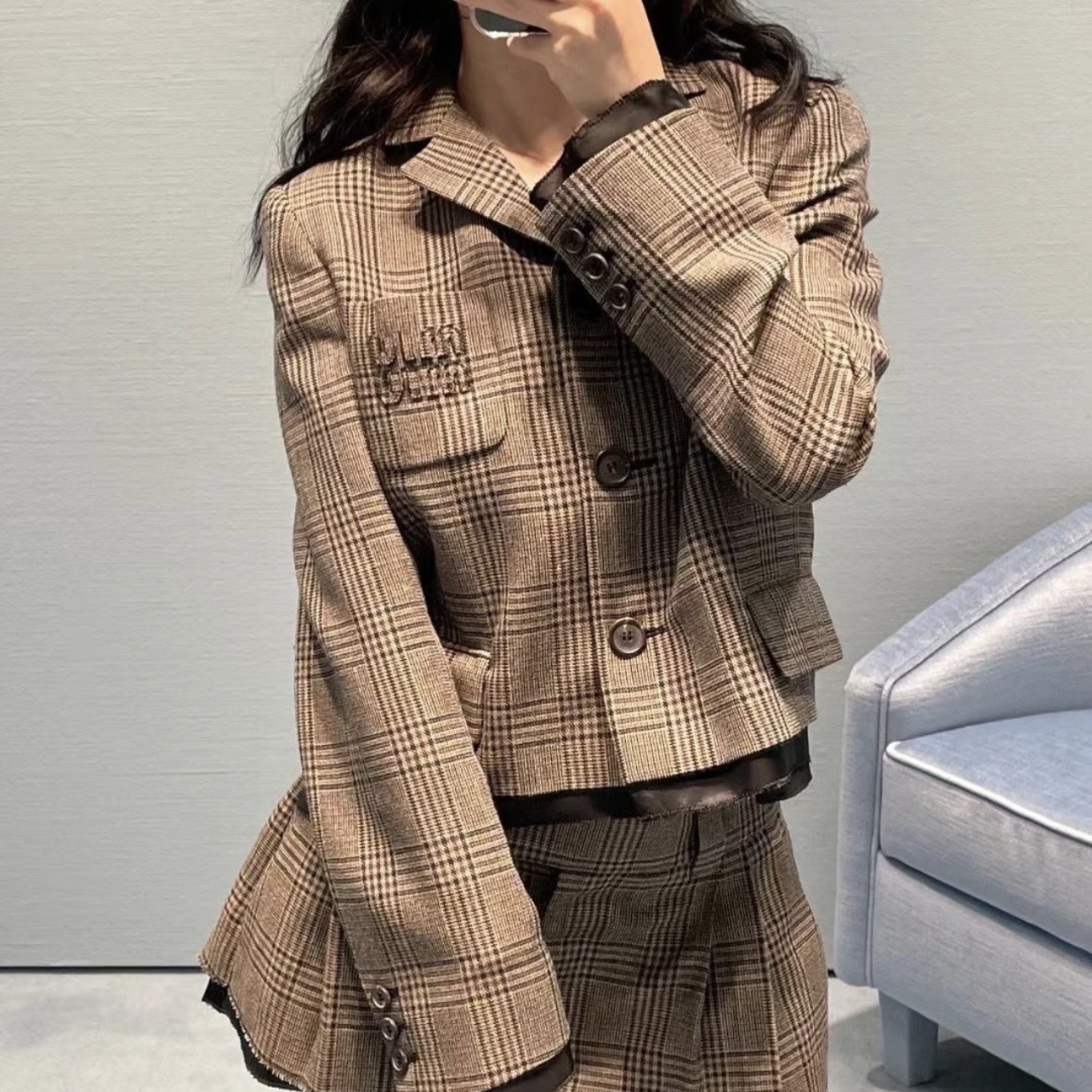 99新 MIU MIU/缪缪 tob16/条纹单排扣标语休闲夹克 40码 羊毛