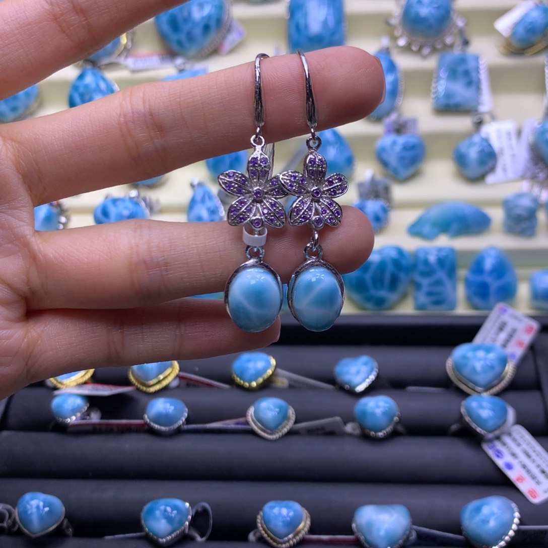 针钠钙石（海纹石）银S925镶嵌耳环蛋面耳钩色差略异