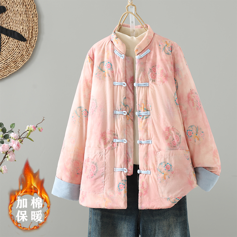 新中式棉麻提花双面穿棉服外套女宽松立领复古盘扣国风夹棉保暖潮