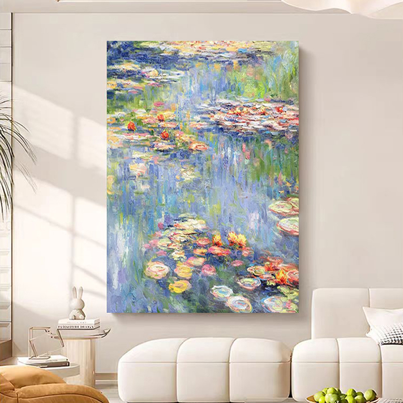 纯手绘莫奈睡莲油画书房客厅装饰画玄关餐厅轻奢手工挂画