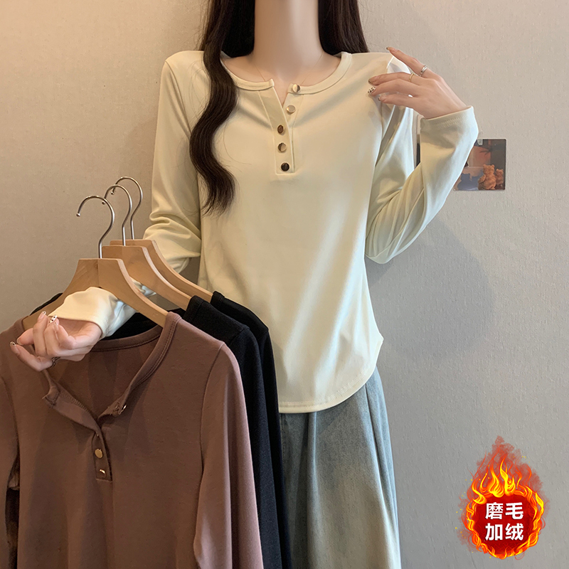 大码磨毛加绒秋冬女士内搭长袖打底衫新款洋气减龄胖mm遮肚显瘦