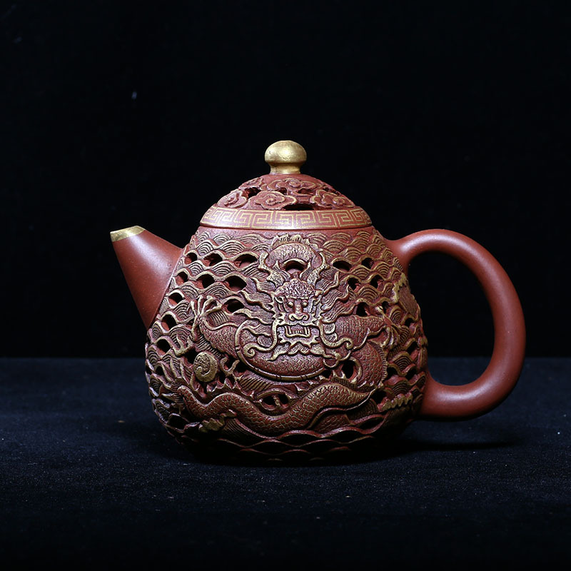 老紫砂壶制独孔260c双层镂空龙纹描金龙蛋壶
