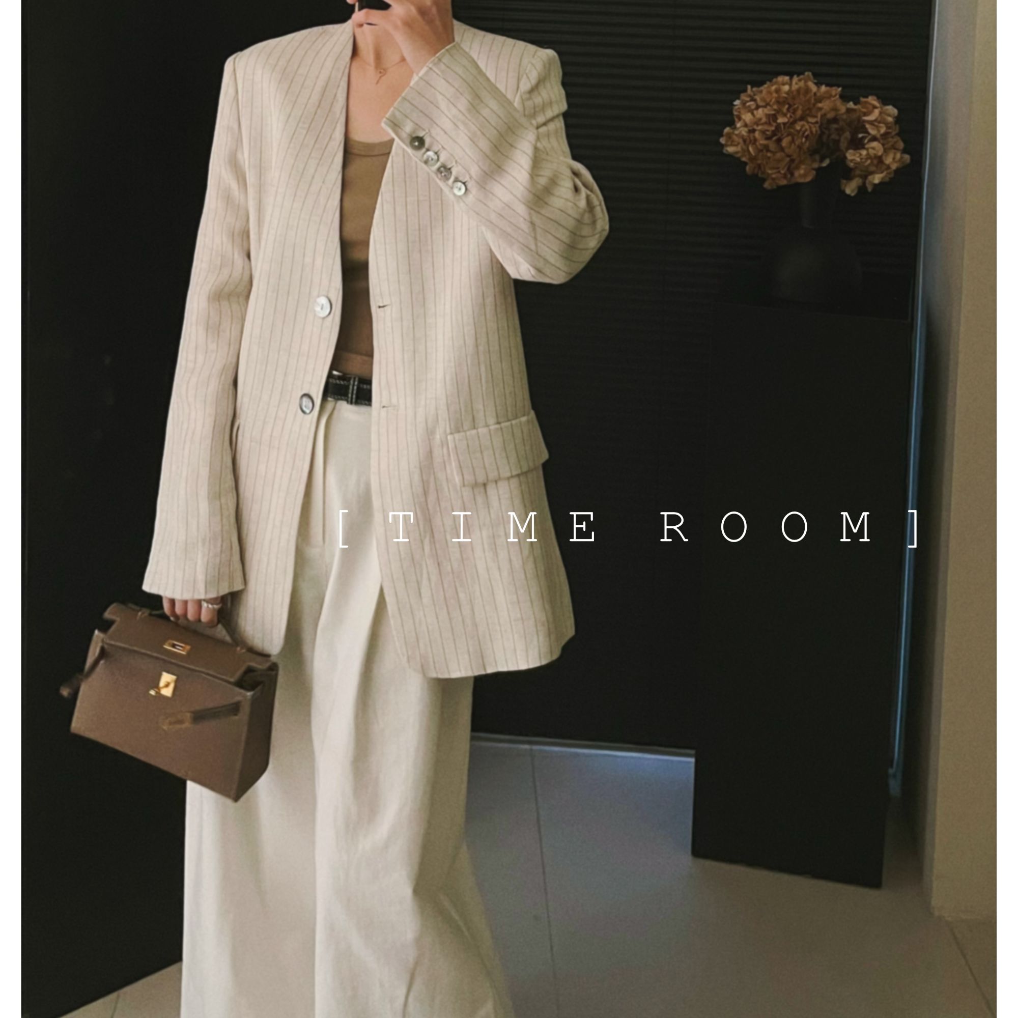 2025春季新品高订系列气质亚麻竖条纹V领西装