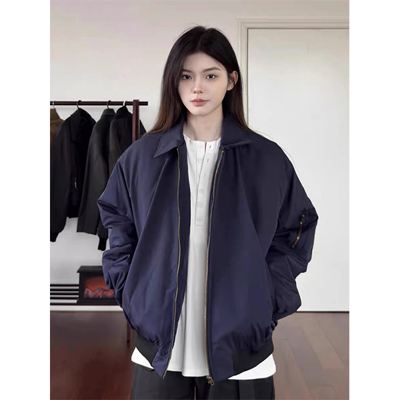 飞行员夹克男春秋季短款cleanfit外套翻领藏蓝色美式bomber棒球服