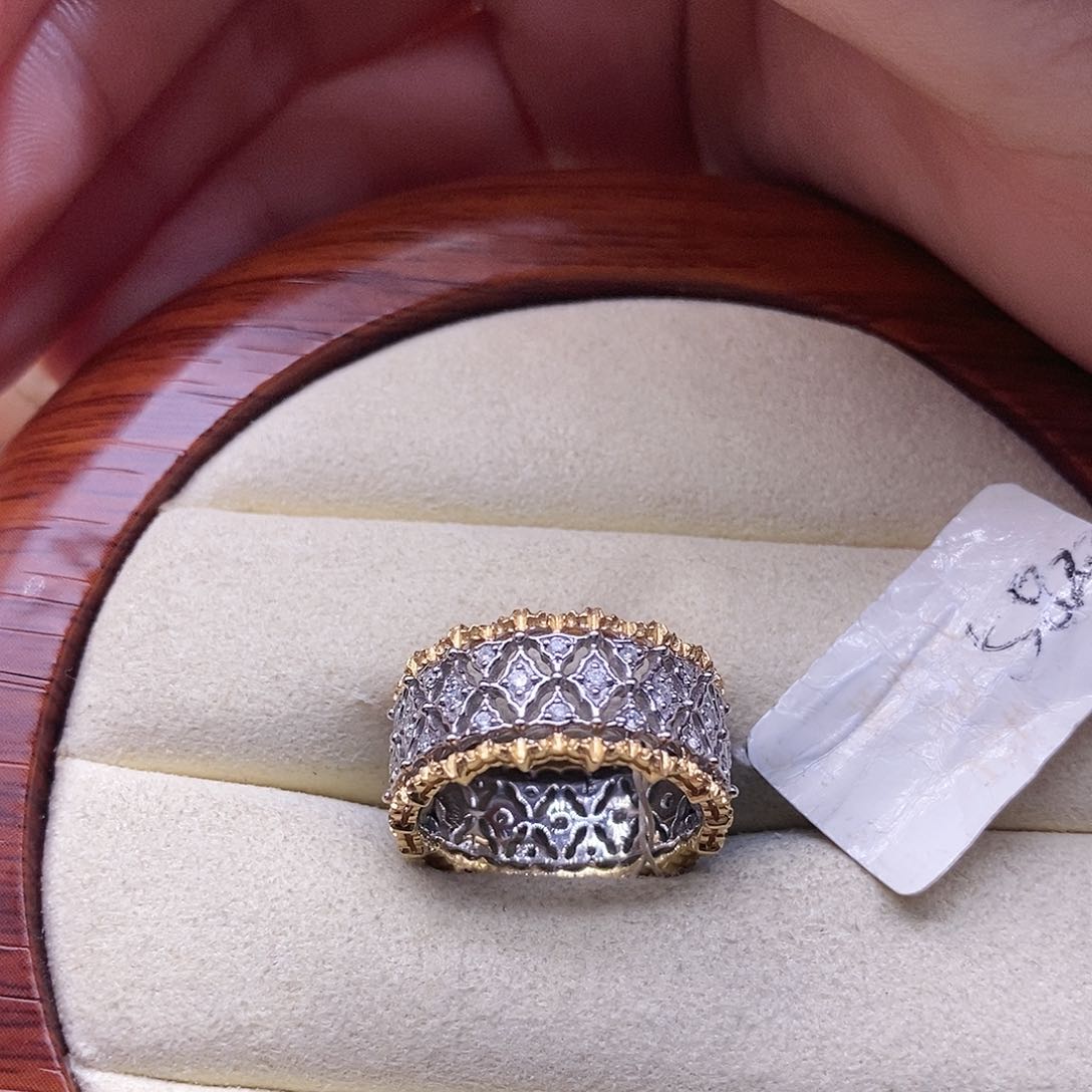 钻石戒指/指环18K金镶嵌蕾丝戒指黄白拼色13