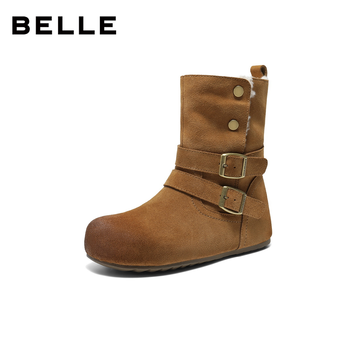 百丽复古双饰扣雪地靴女冬季可两穿内增高加毛保暖中筒靴F3E1DDZ5