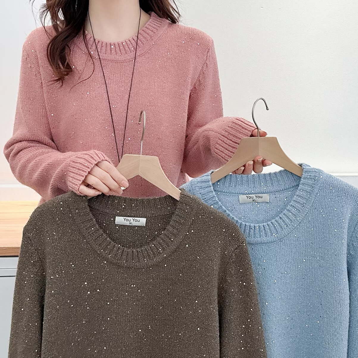 大码女装冬季新款时尚休闲宽松百搭舒适保暖气质显瘦珠片针织毛衣