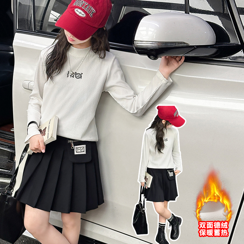 女童2025新款圆领长袖打底衫儿童加厚修身休闲保暖上衣