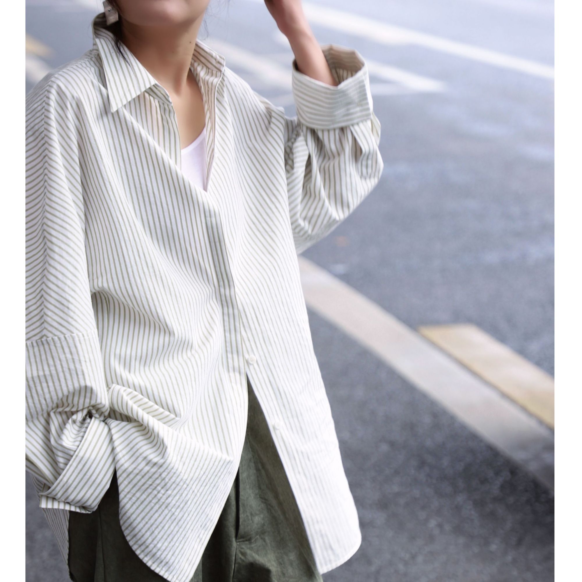 Li Wang/里望 设计师款 棉麻四季港风条纹松弛感宽松长袖衬衫