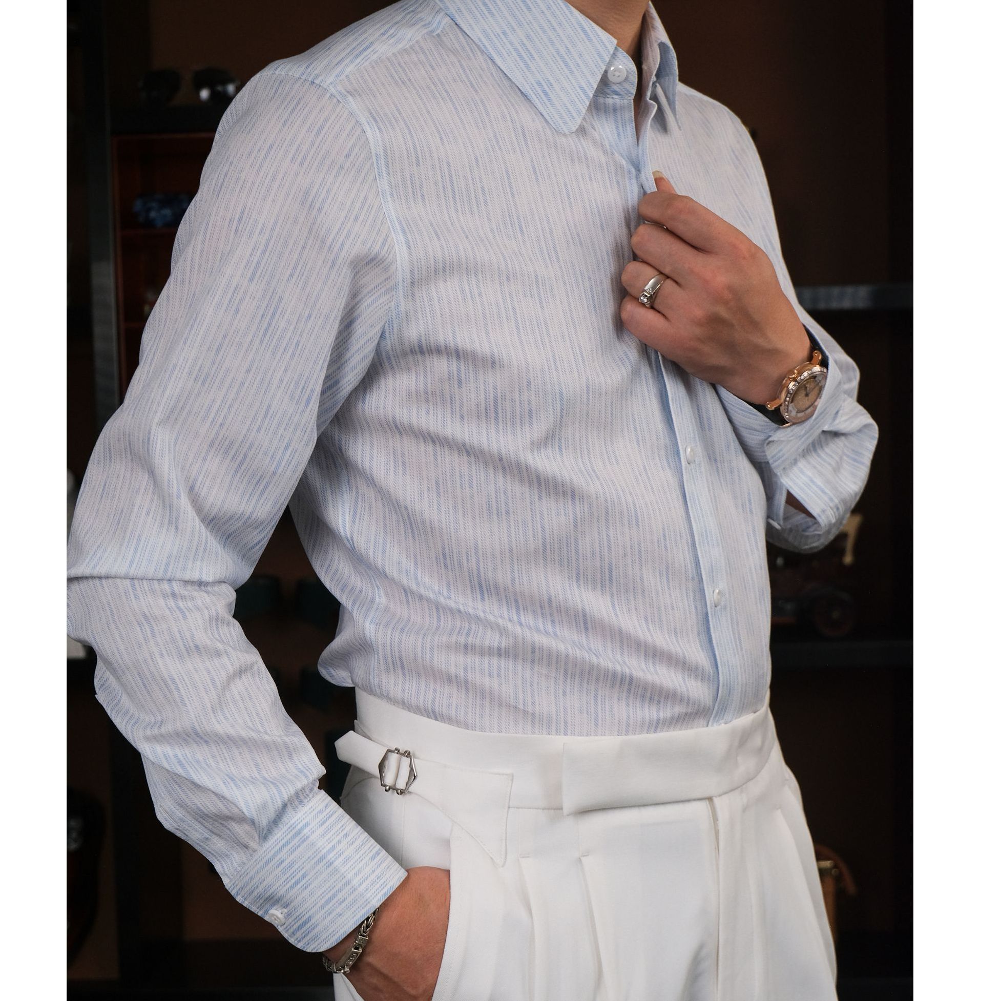 秋季新款温莎领莱赛尔天丝男士长袖衬衫轻奢时尚男装