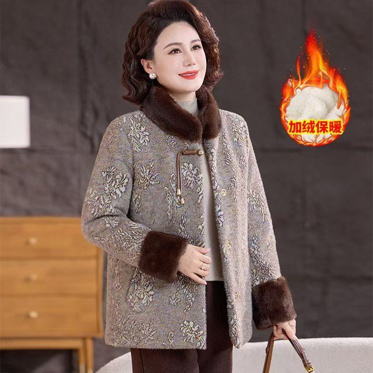 植物花卉厚款中老年女装冬装加厚秋冬大衣