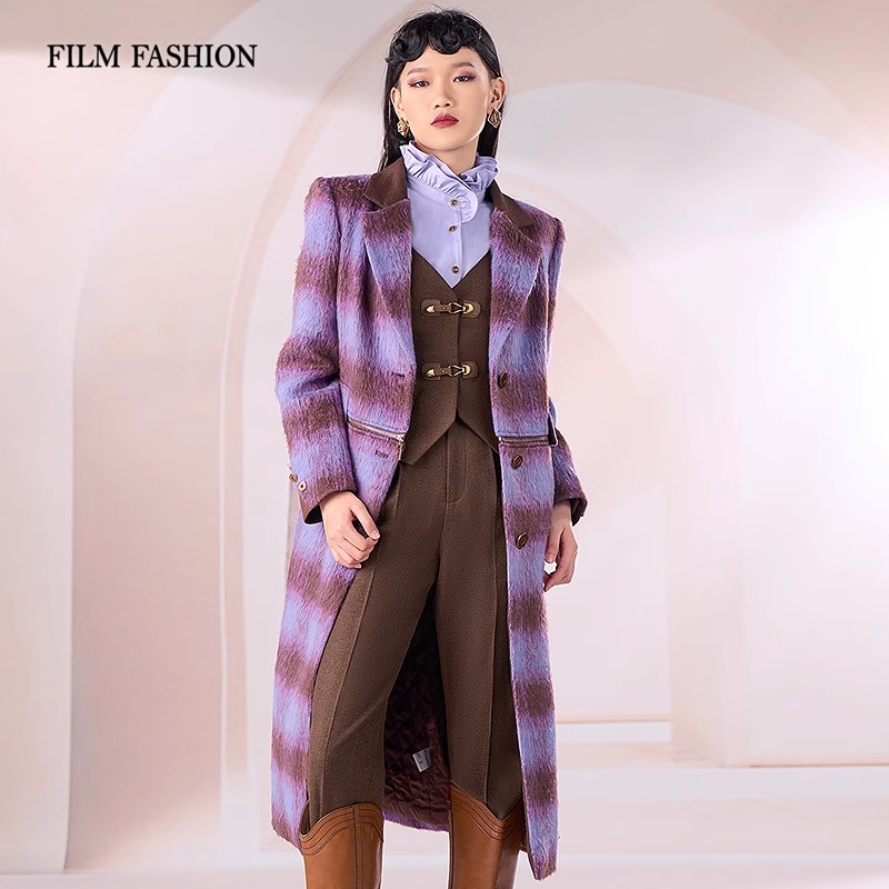 一电影一时装复古格子中长款外套大衣 FECG145671