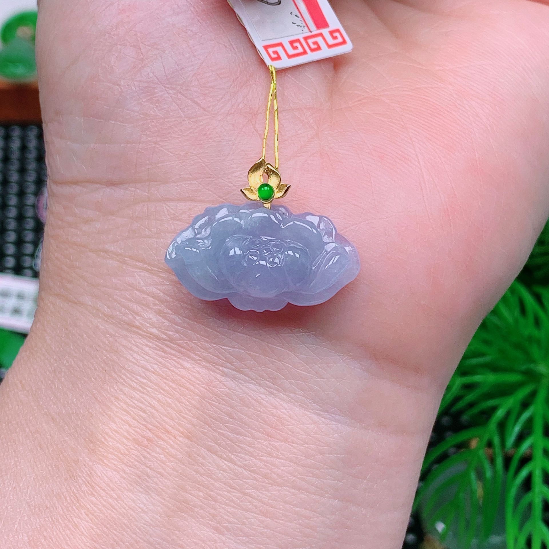 缅甸天然翡翠A货 冰润飘花紫色莲花18/1213(尺寸12.6x22.1x6.8)