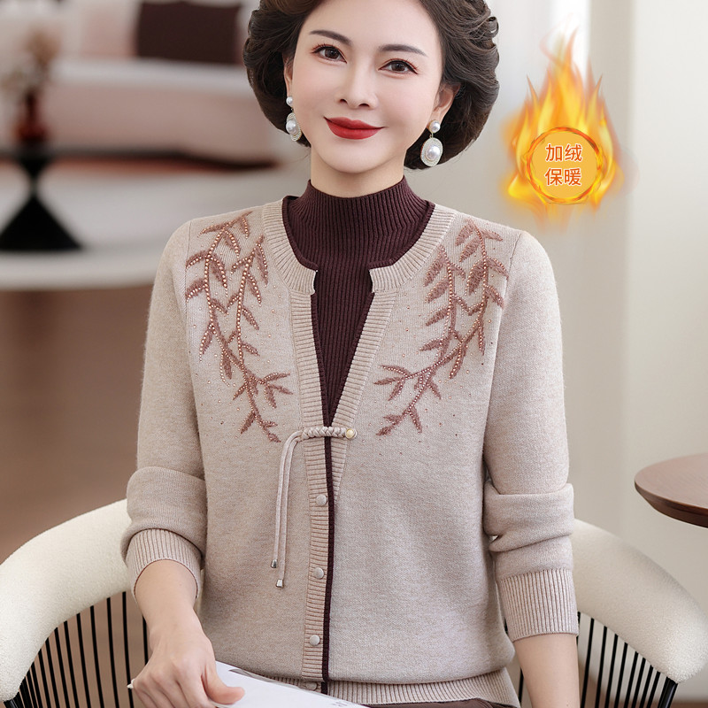 妈妈冬装针织衫上衣加绒加厚毛衣中老年女假两件国风保暖打底小衫